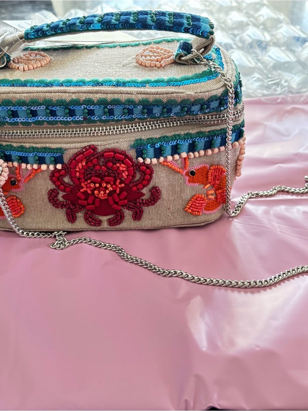 Embellished Crab Crossbody Bag in Beige with Red & Coral Accents